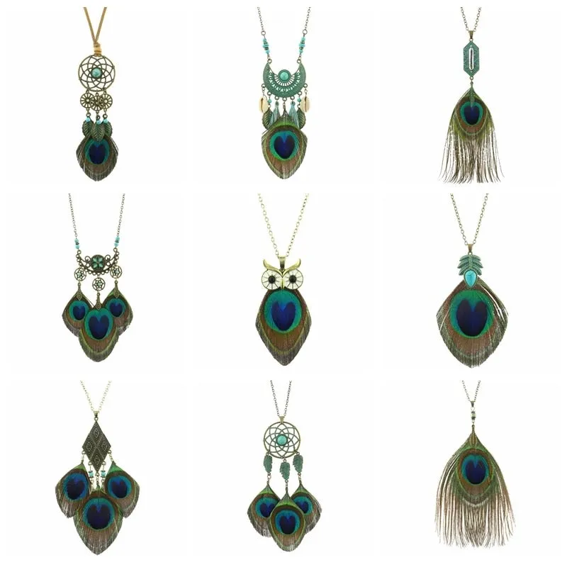 Bohemian Ethnic Long Chain Peacock Feather Pendant