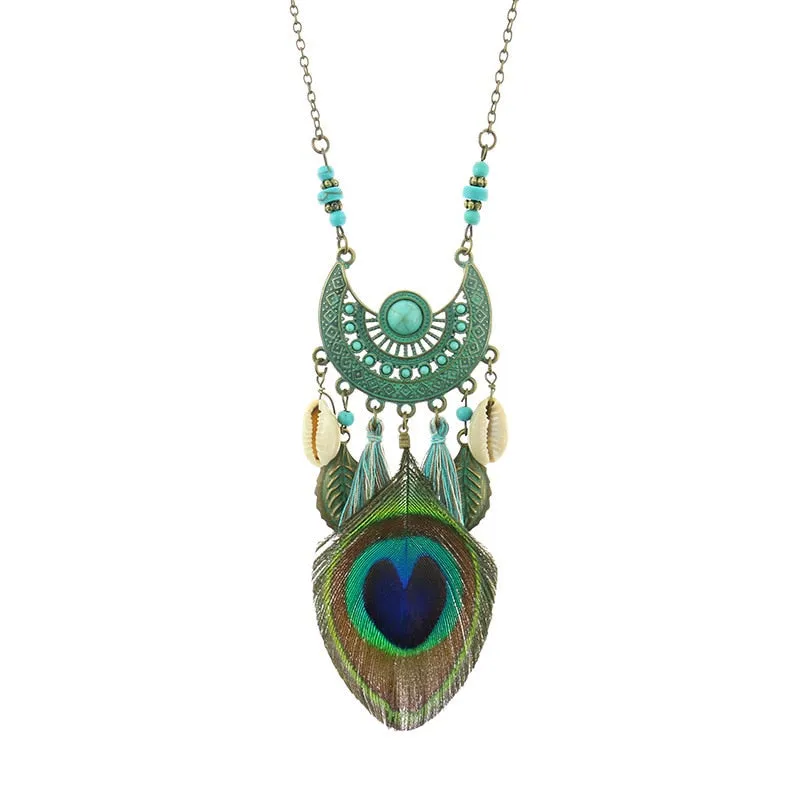 Bohemian Ethnic Long Chain Peacock Feather Pendant