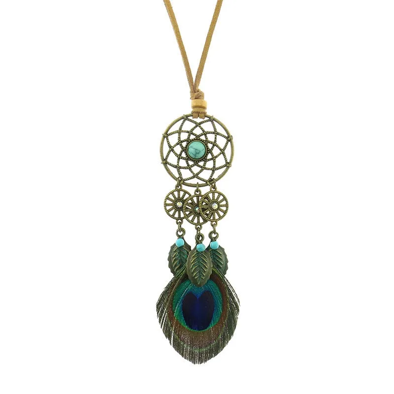 Bohemian Ethnic Long Chain Peacock Feather Pendant