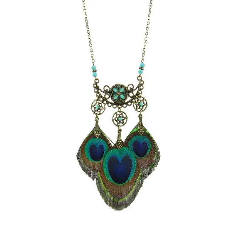 Bohemian Ethnic Long Chain Peacock Feather Pendant