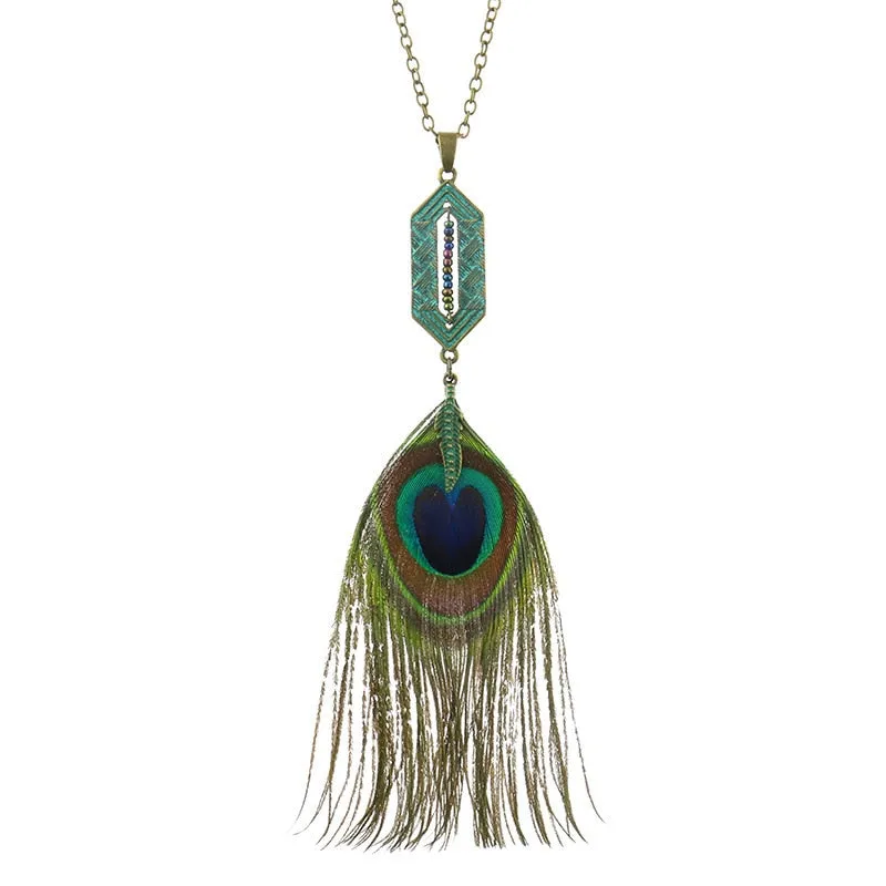 Bohemian Ethnic Long Chain Peacock Feather Pendant