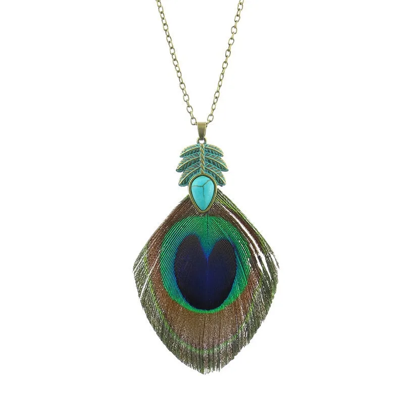 Bohemian Ethnic Long Chain Peacock Feather Pendant