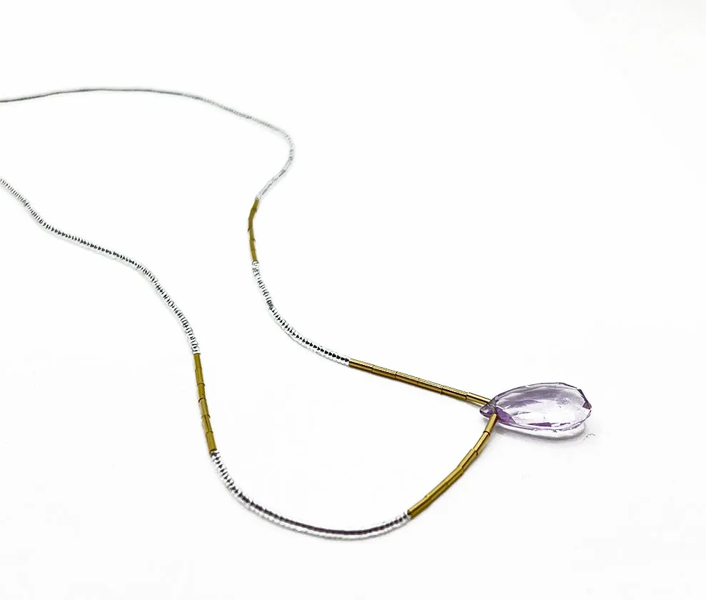 Clear seed with gold vermeil, and pink amethyst drop necklace