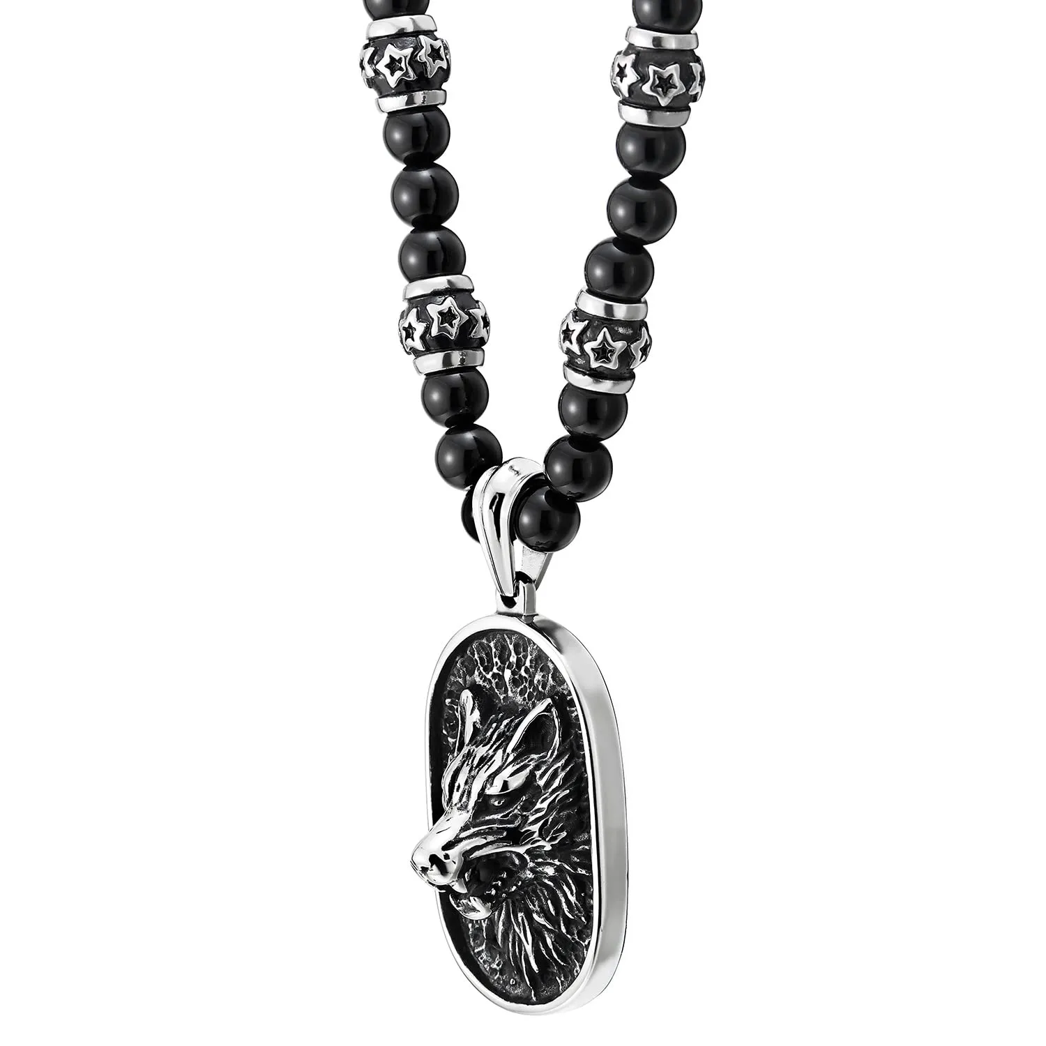 COOLSTEELANDBEYOND Norse Viking Embossed Wolf Head Pendant Necklace for Men, Black Onyx Beads, Steel Blackened Dog Tag