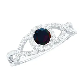 Criss Cross Shank Black Opal and Diamond Halo Engagement Ring