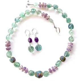 Dove: Art Glass Necklace with Purple and Green Gemstones