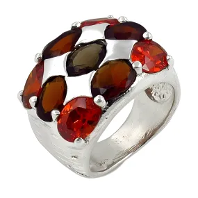 Elegant Orange-Red Cubic Zirconia & Smokey Glass Gemstone Silver Ring