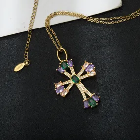 Emerald Amethyst Morganite CZ Cross Pendant Necklace