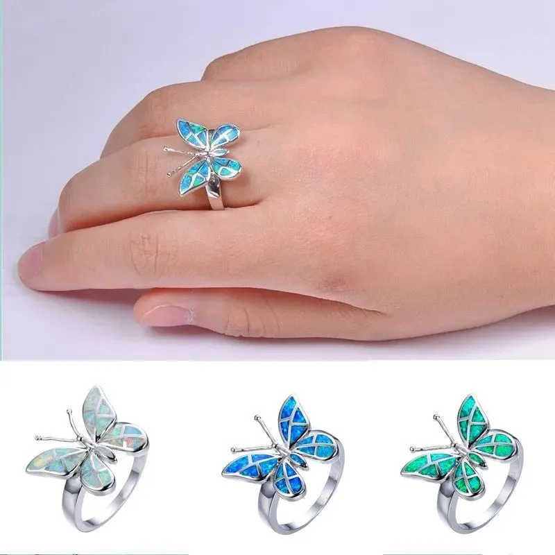 Fashion Opal Blue Butterfly Shape Ring Wedding Ring for Women