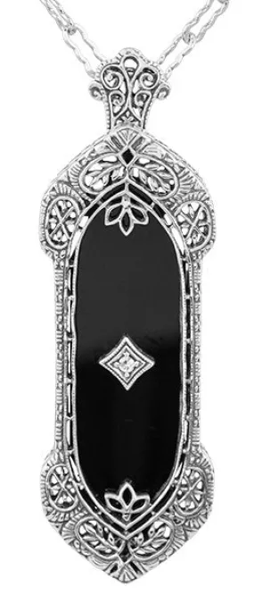 Filigree Onyx and Diamond Edwardian Pendant to Pin Convertible Necklace in Sterling Silver