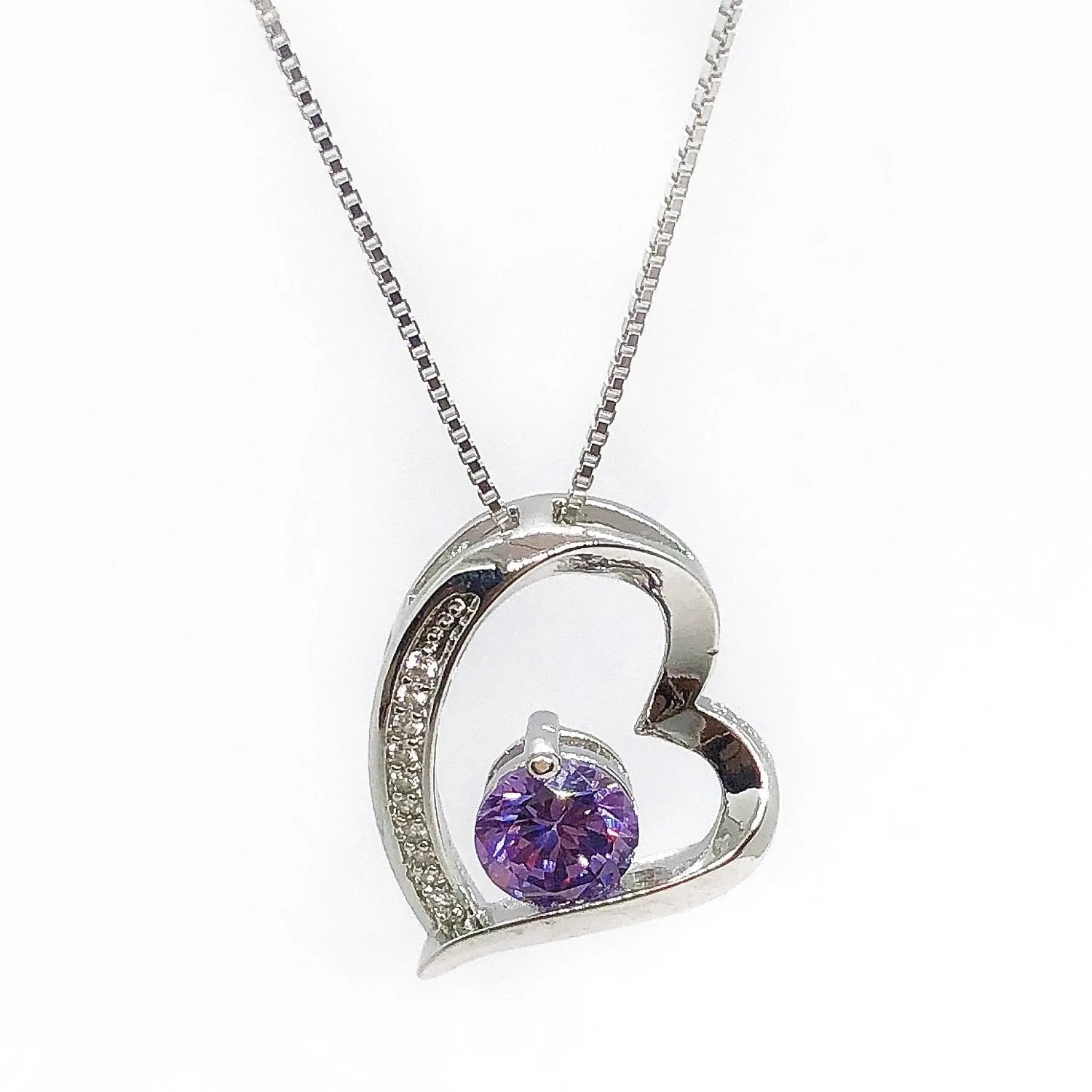 Floating Silver Heart Purple Zirconia Necklace