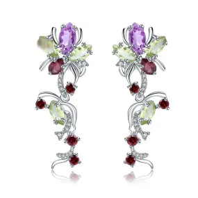 Flower Multicolor Natural Peridot Amethyst Drop Earrings (925 Sterling Silver)