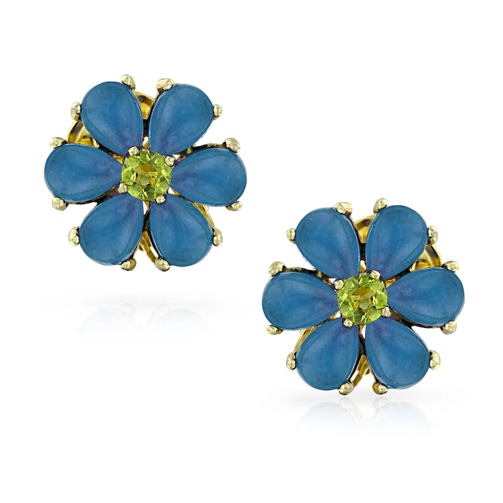 Garden Green CZ Stud Earrings Purple Yellow Flower Clip-On Non-Pierced 14K Gold