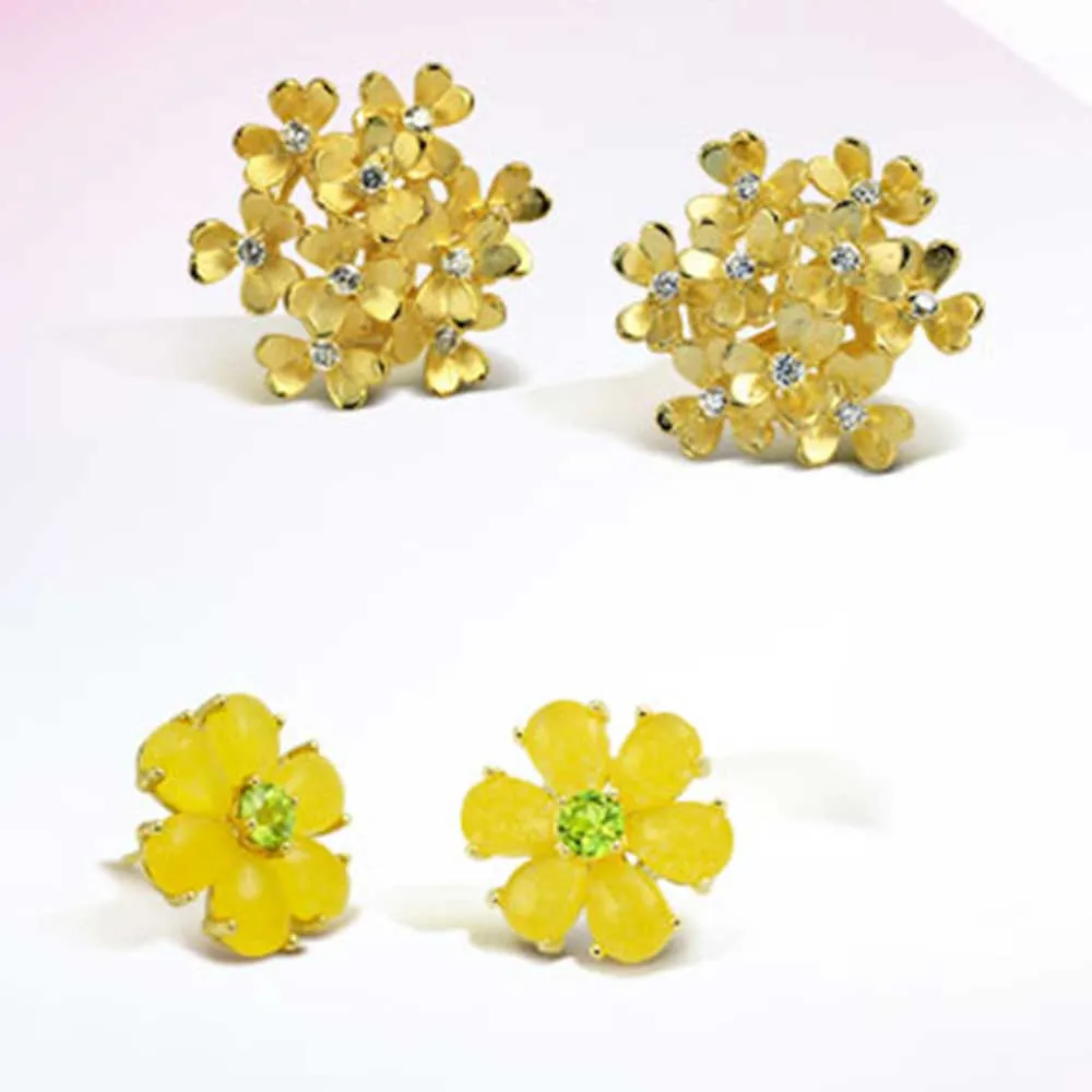 Garden Green CZ Stud Earrings Purple Yellow Flower Clip-On Non-Pierced 14K Gold