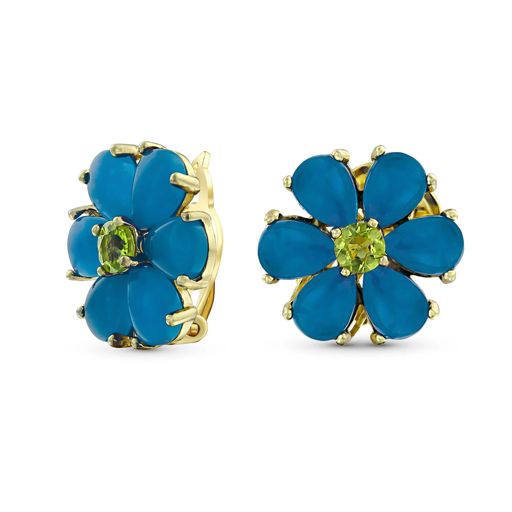 Garden Green CZ Stud Earrings Purple Yellow Flower Clip-On Non-Pierced 14K Gold