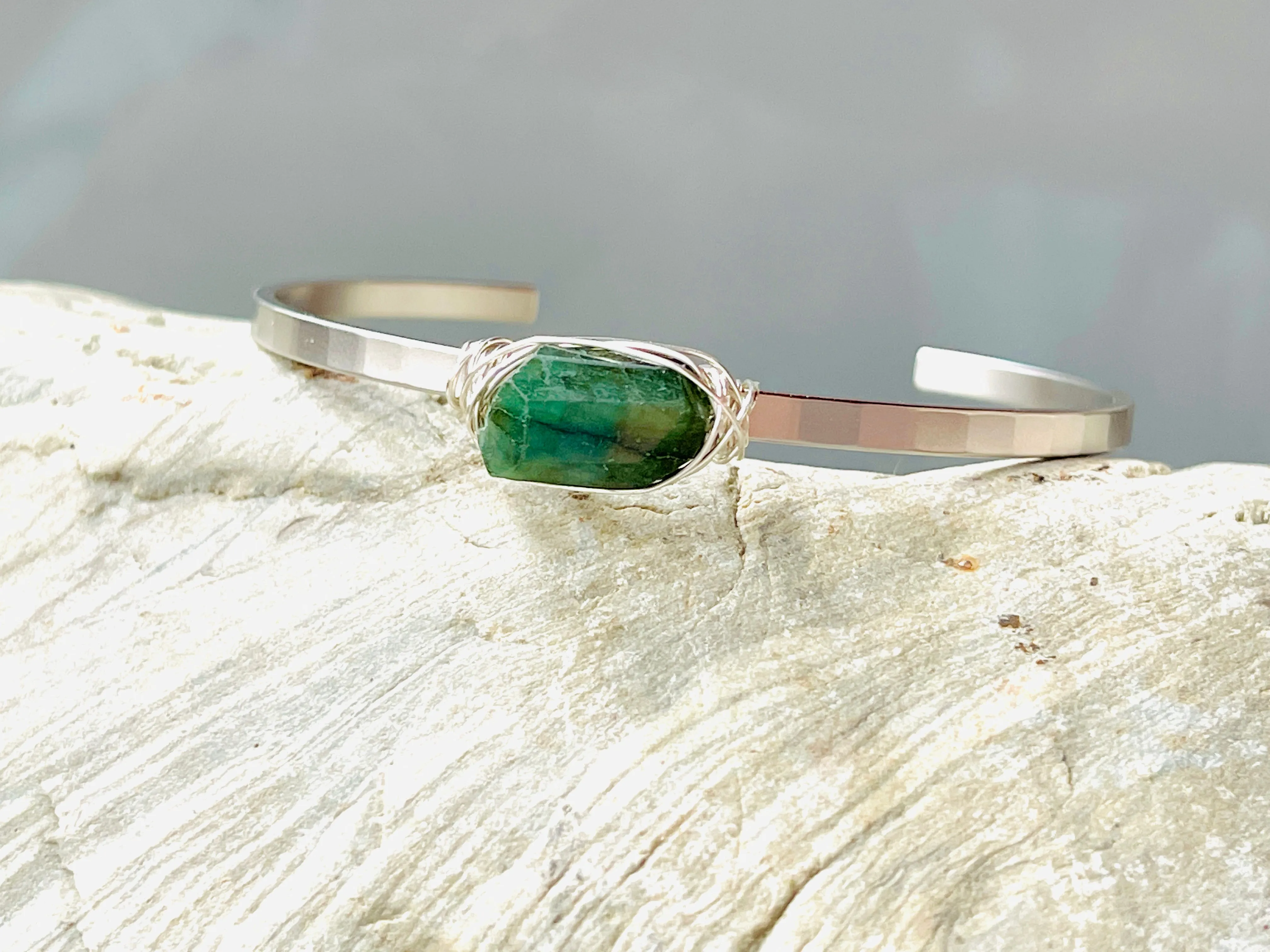 Genuine Emerald Cuff Bracelet Matte White Gold Gemstone Cuff Bracelet