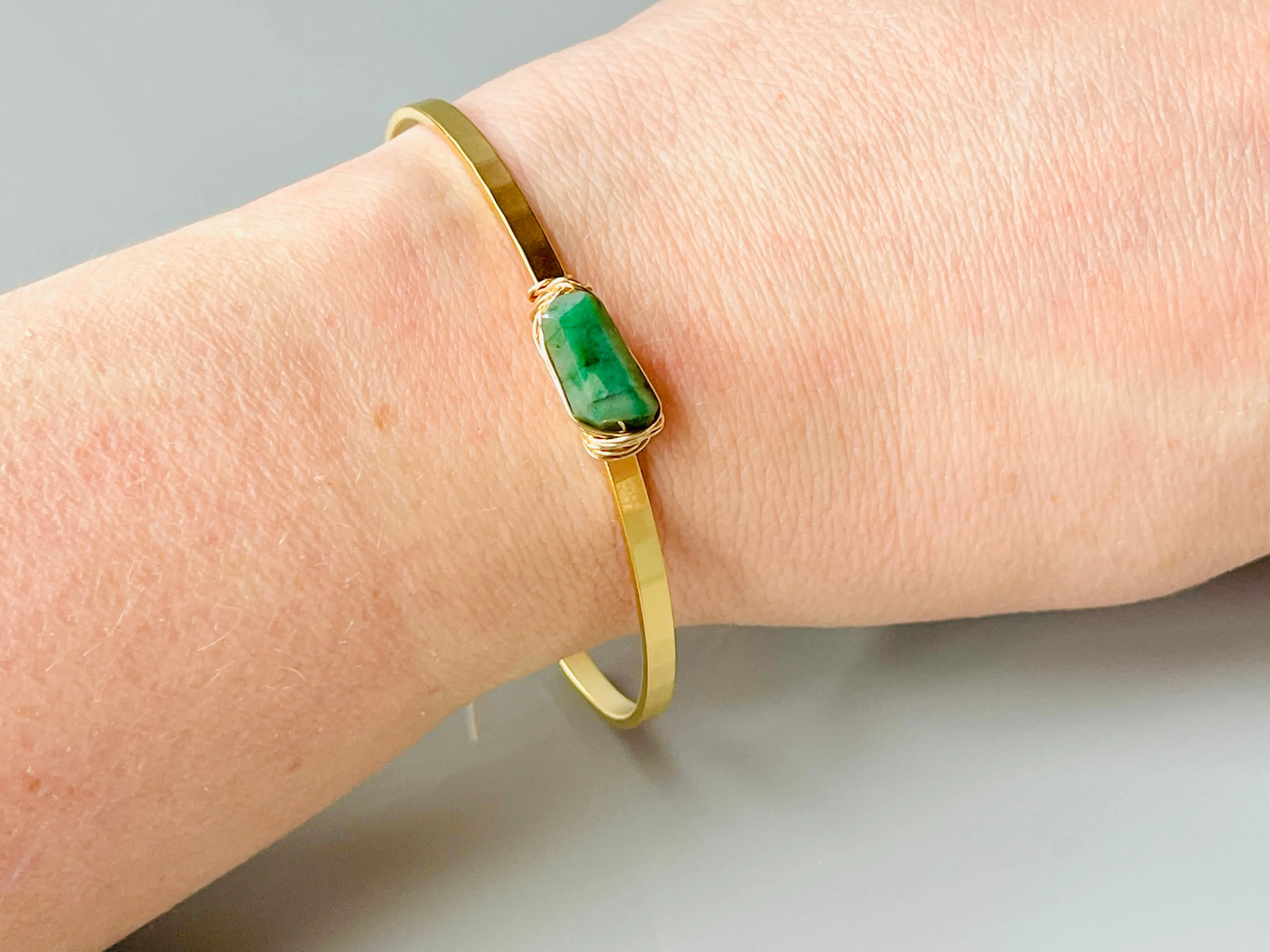 Genuine Emerald Cuff Bracelet Matte White Gold Gemstone Cuff Bracelet