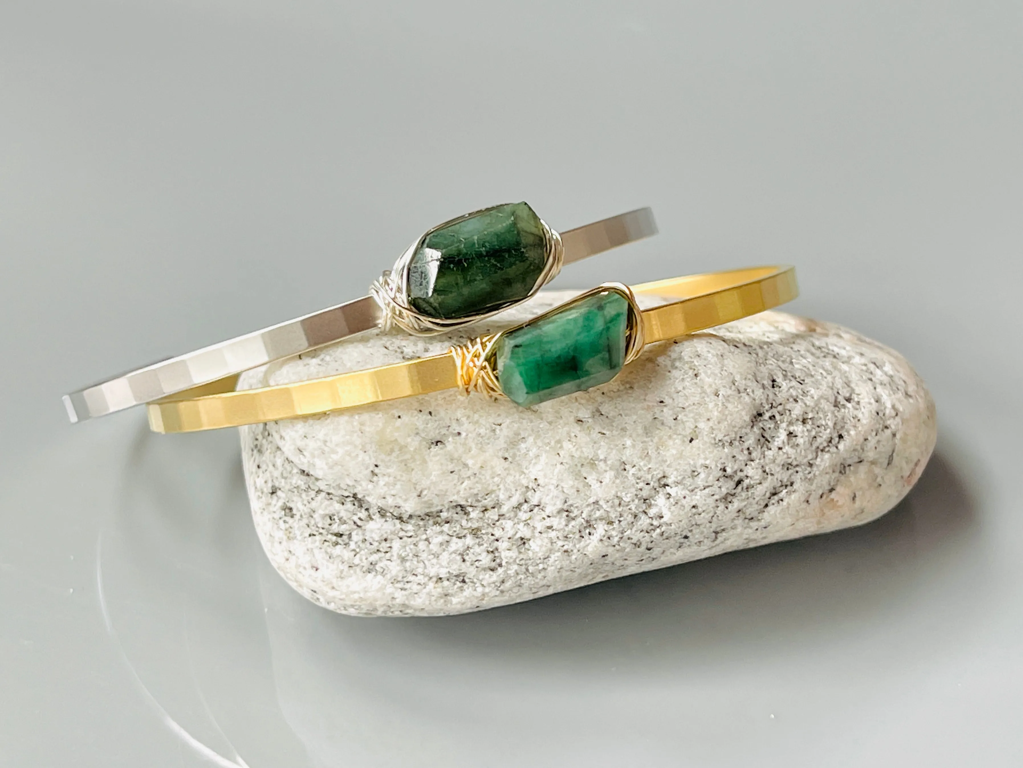 Genuine Emerald Cuff Bracelet Matte White Gold Gemstone Cuff Bracelet