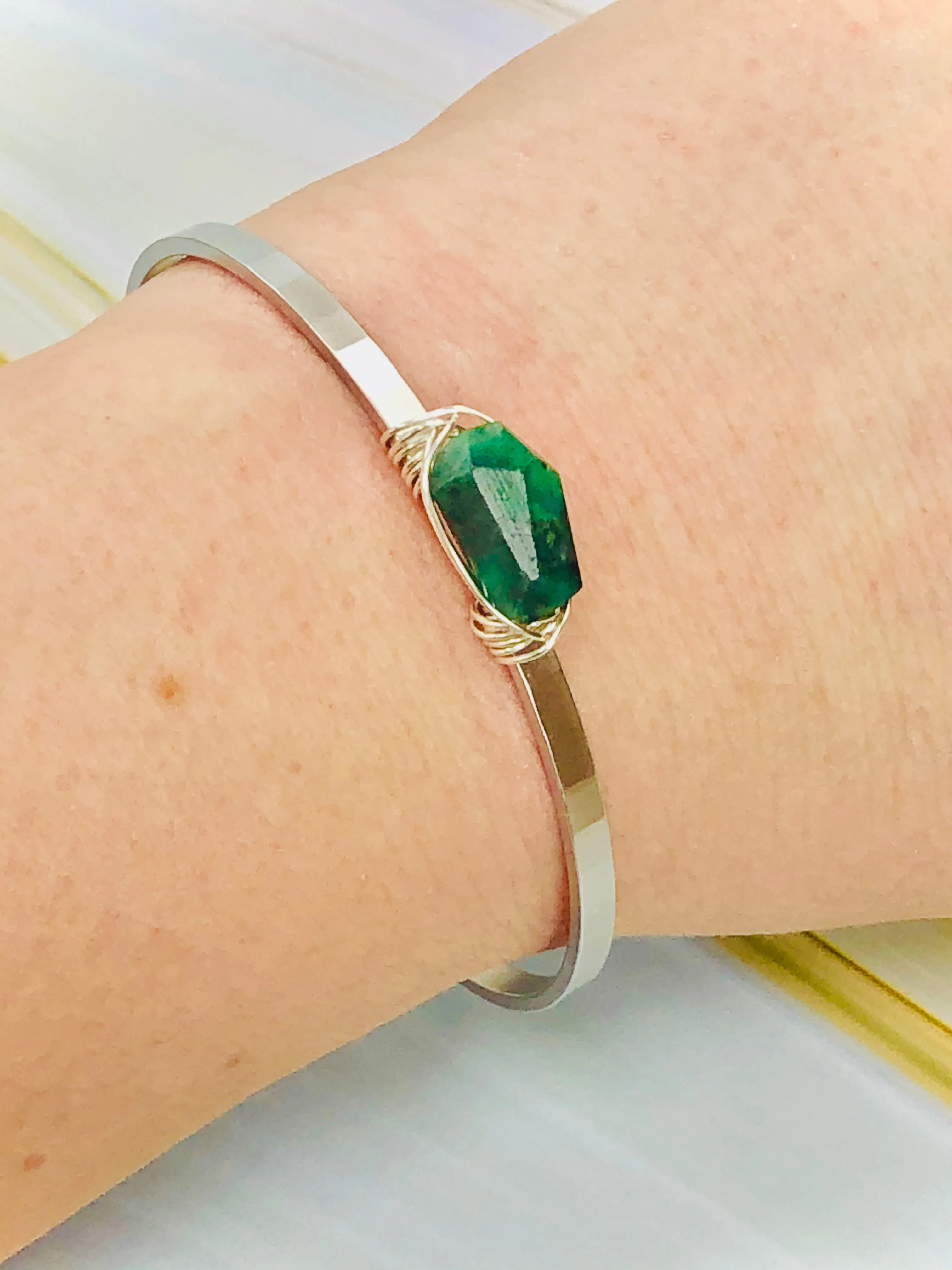 Genuine Emerald Cuff Bracelet Matte White Gold Gemstone Cuff Bracelet