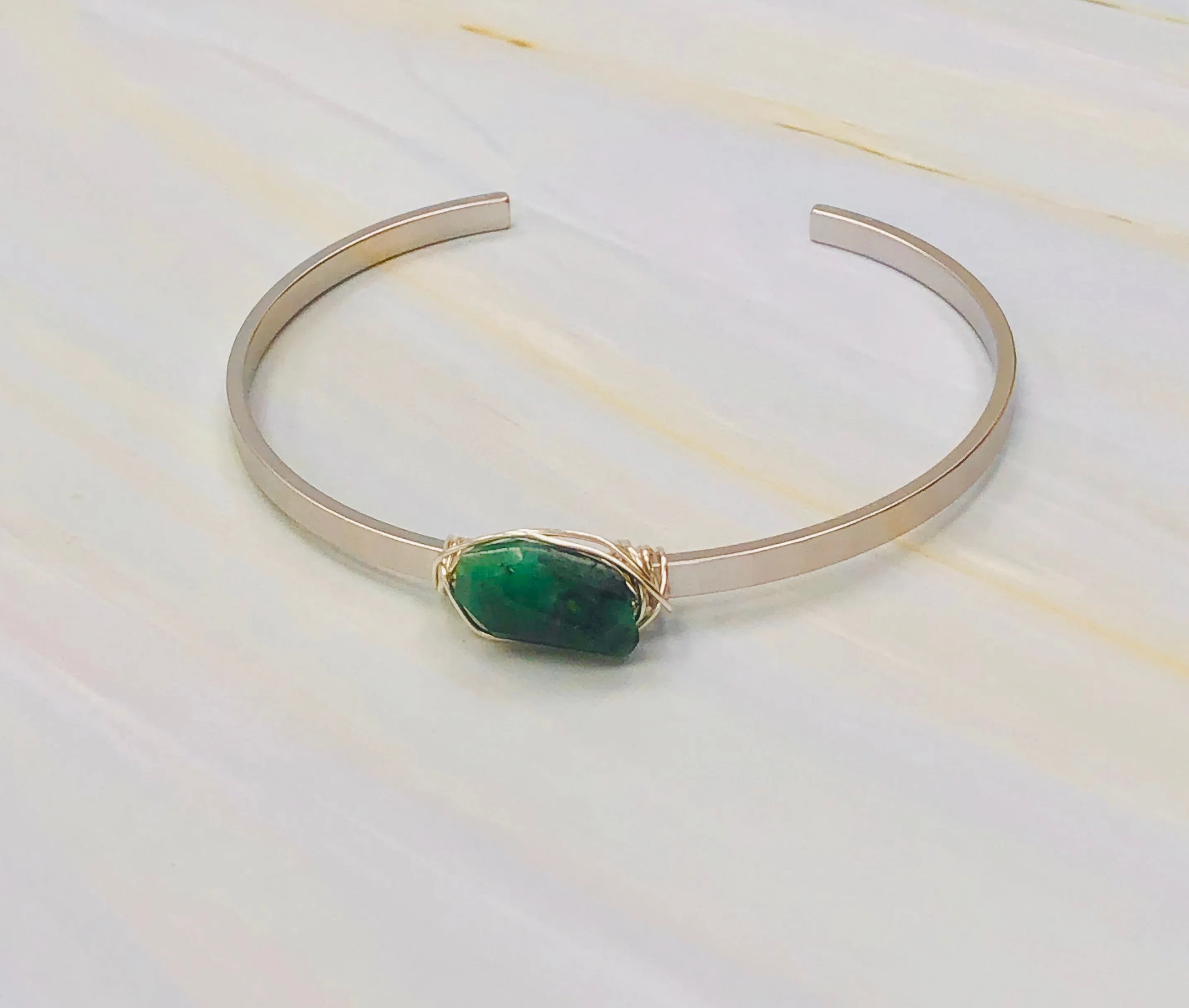 Genuine Emerald Cuff Bracelet Matte White Gold Gemstone Cuff Bracelet