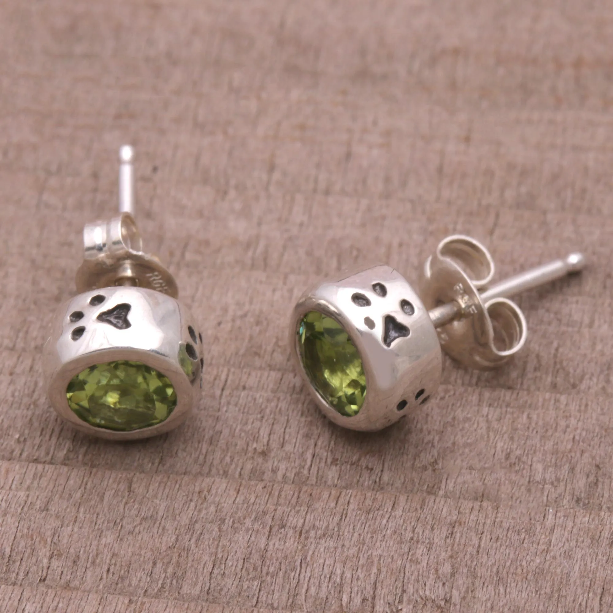 Glistening Paws Peridot and Sterling Silver Paw Stud Earrings from Bali