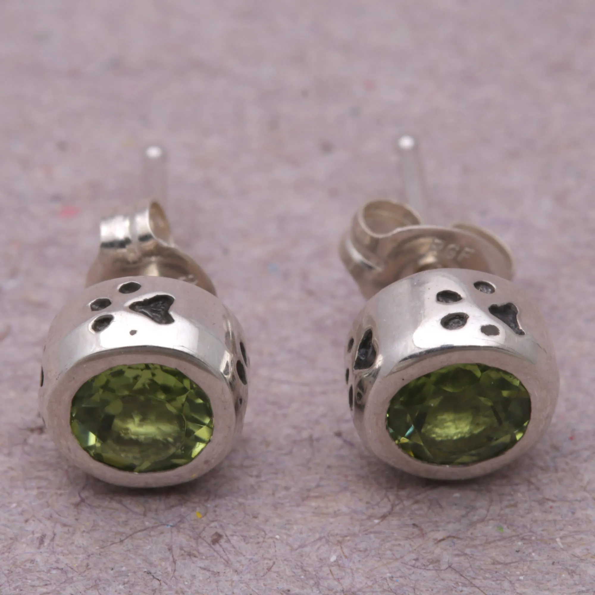 Glistening Paws Peridot and Sterling Silver Paw Stud Earrings from Bali