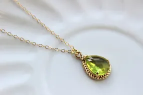 Gold Peridot Necklace Apple Green Teardrop Jewelry - Bridesmaid Necklace - Peridot Bridesmaid Jewelry Peridot Apple Green Wedding Jewelry