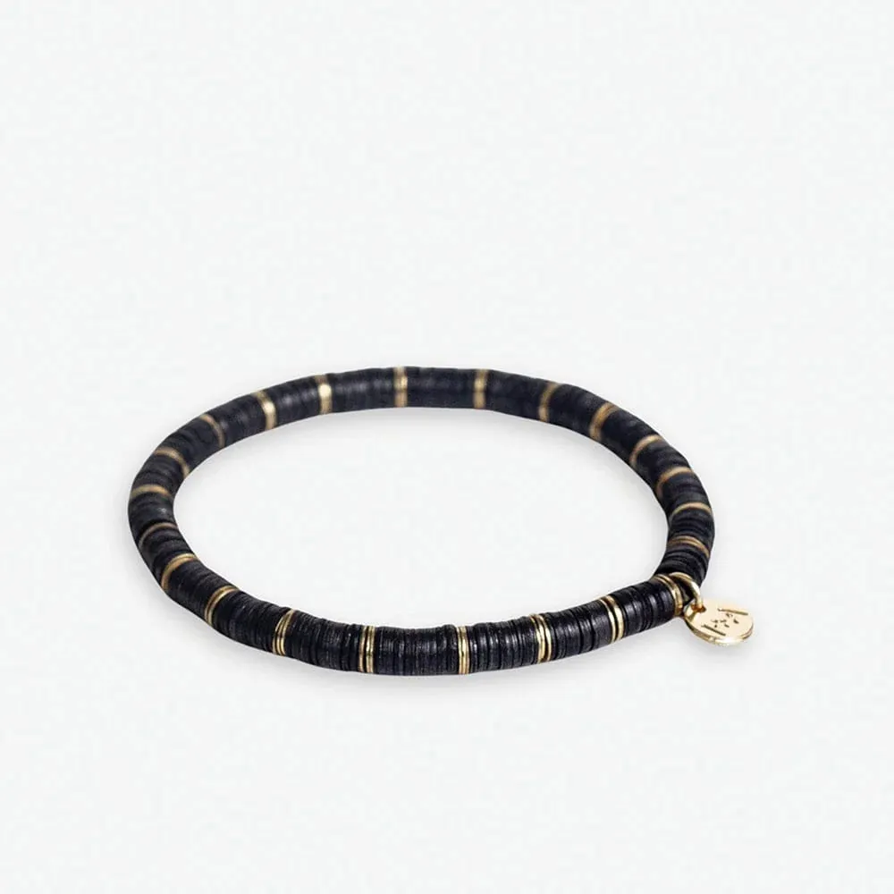 Grace Solid With Thin Gold Stripe Sequin Stretch Bracelet Black