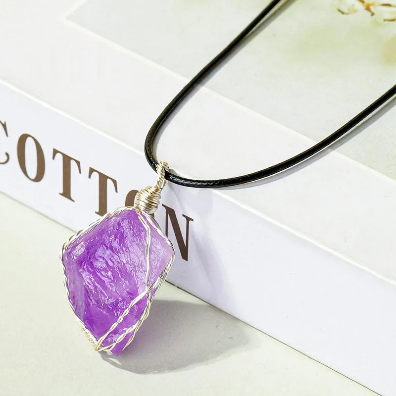 Handmade Amethyst Silk Raw Stone Pendant Necklace w/ Wrapped Wire Mesh