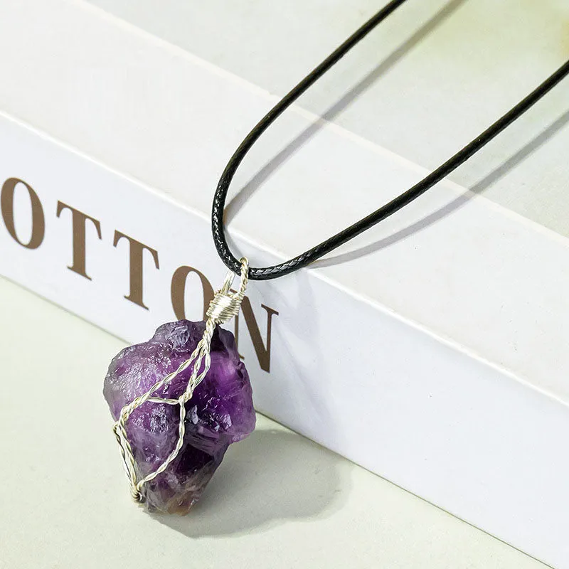 Handmade Amethyst Silk Raw Stone Pendant Necklace w/ Wrapped Wire Mesh