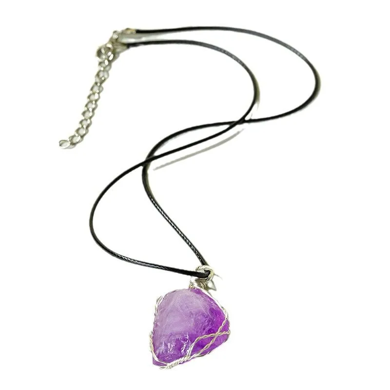 Handmade Amethyst Silk Raw Stone Pendant Necklace w/ Wrapped Wire Mesh