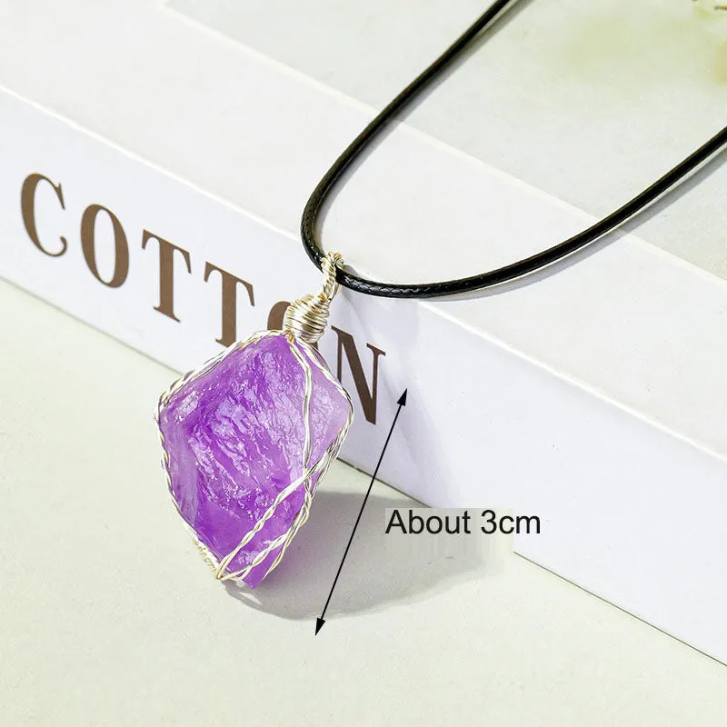 Handmade Amethyst Silk Raw Stone Pendant Necklace w/ Wrapped Wire Mesh