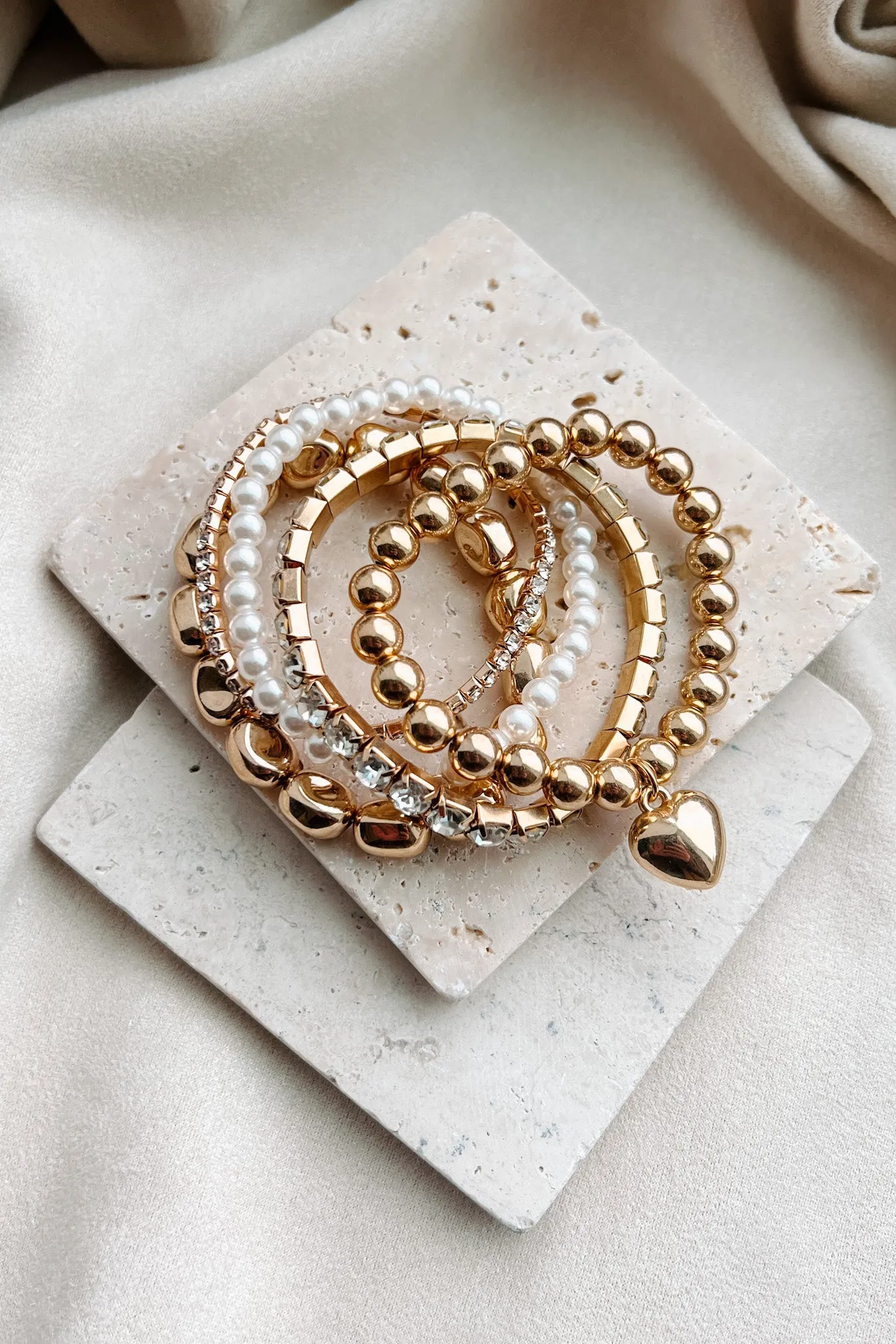 Hearts Content 5 Piece Stretch Bracelet Set (Gold)