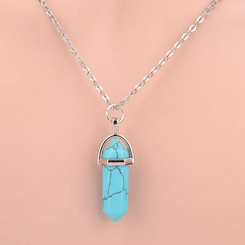 Hexagonal Column Necklace Natural Crystal turquoise Agate Amethyst Stone Pendant Chains Necklace For Women Fine Jewelry