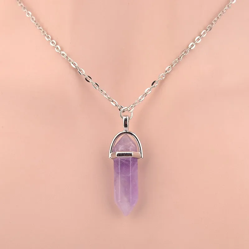 Hexagonal Column Necklace Natural Crystal turquoise Agate Amethyst Stone Pendant Chains Necklace For Women Fine Jewelry