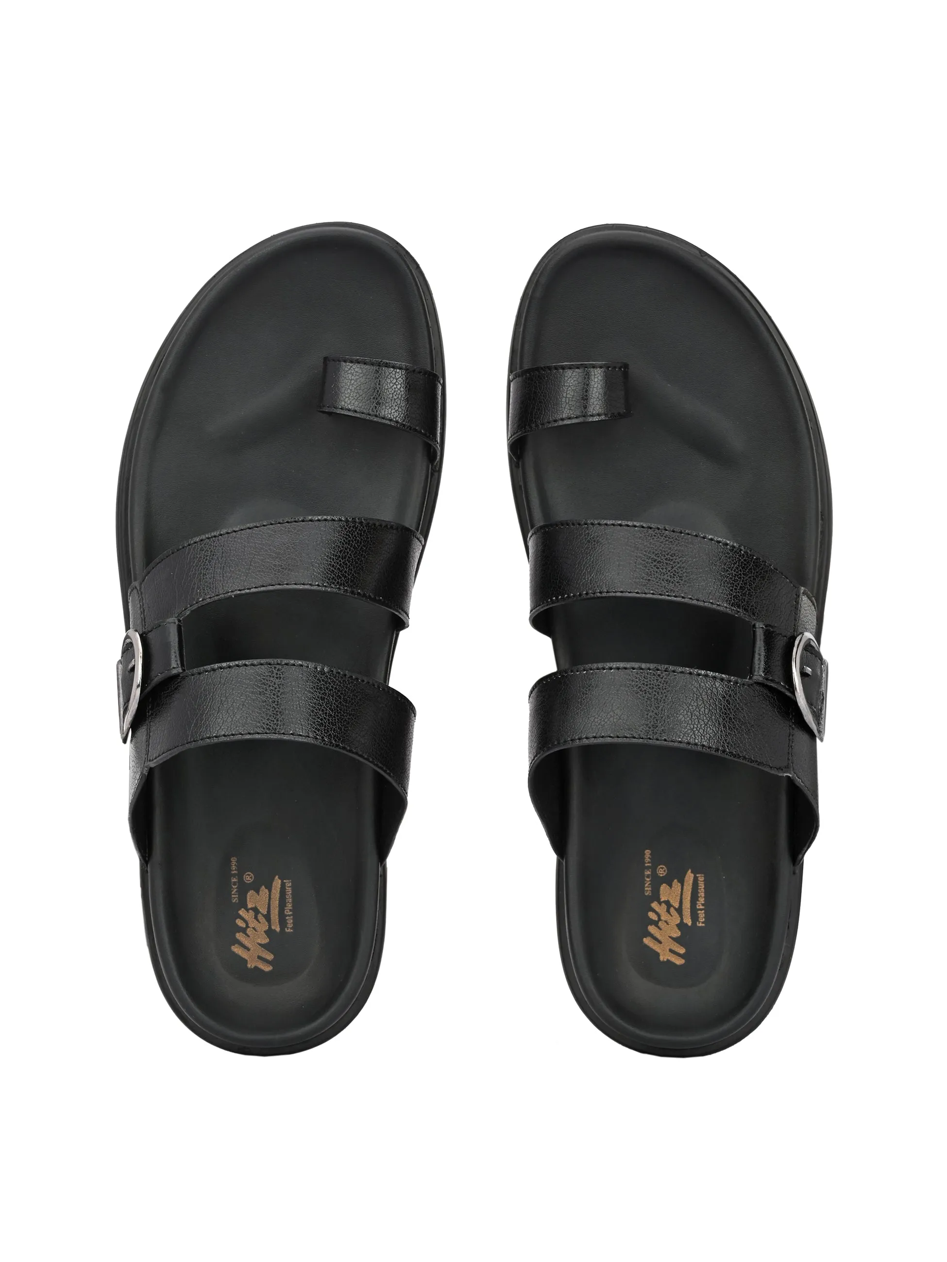 Hitz Men's Black Leather Toe-Ring Slippers