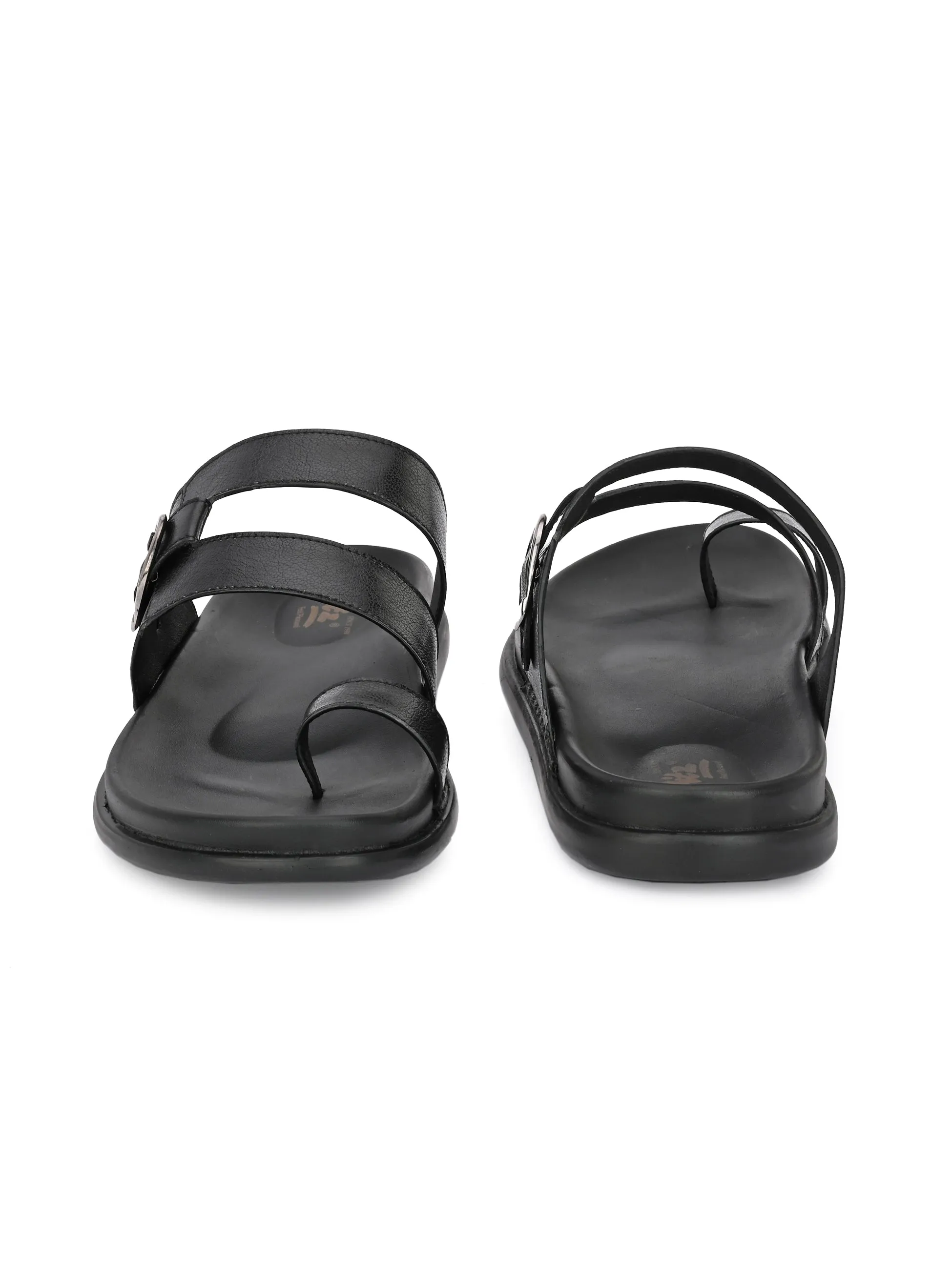 Hitz Men's Black Leather Toe-Ring Slippers