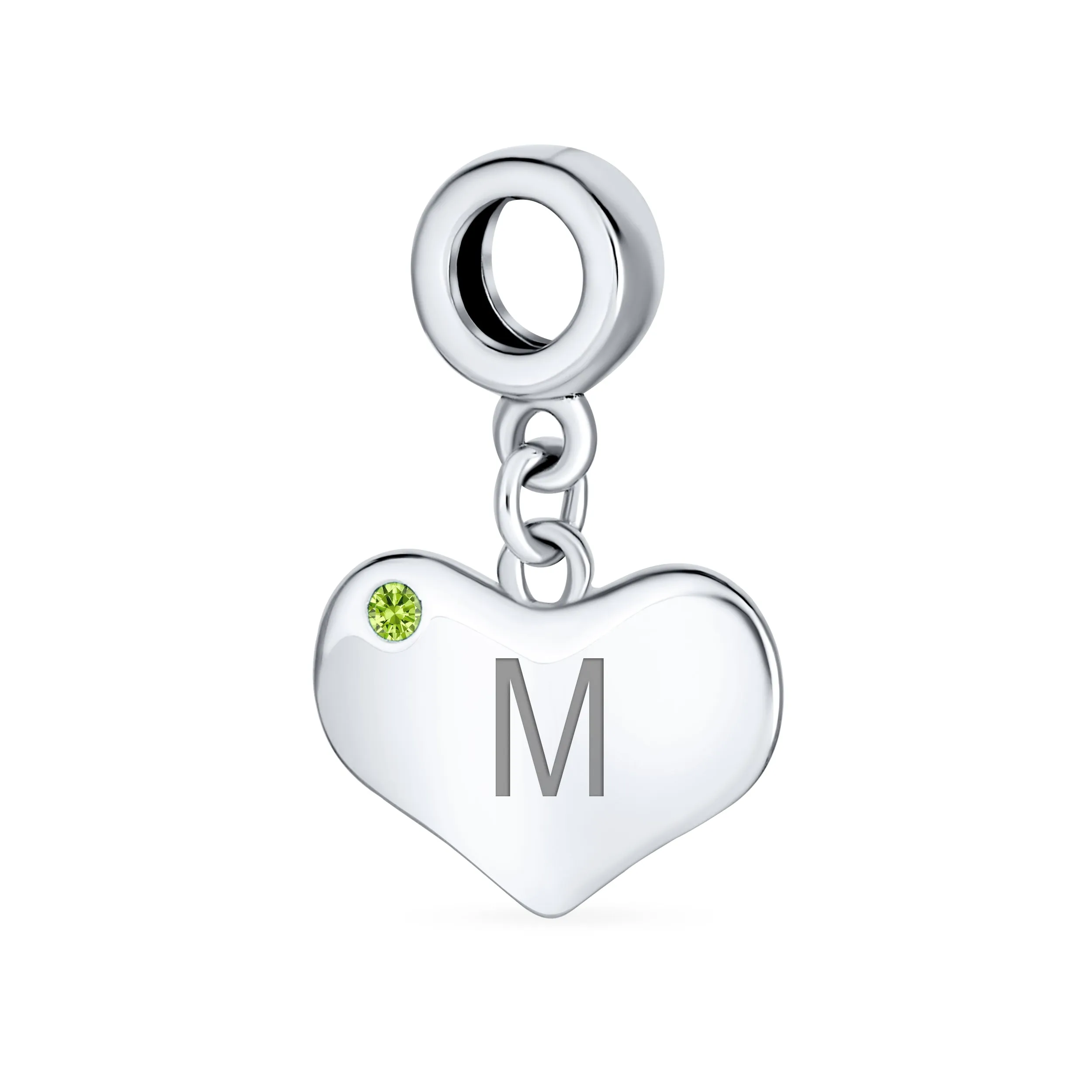 Initial Alphabet Bead Charm Lime Green Peridot Heart Dangle for European Bracelet