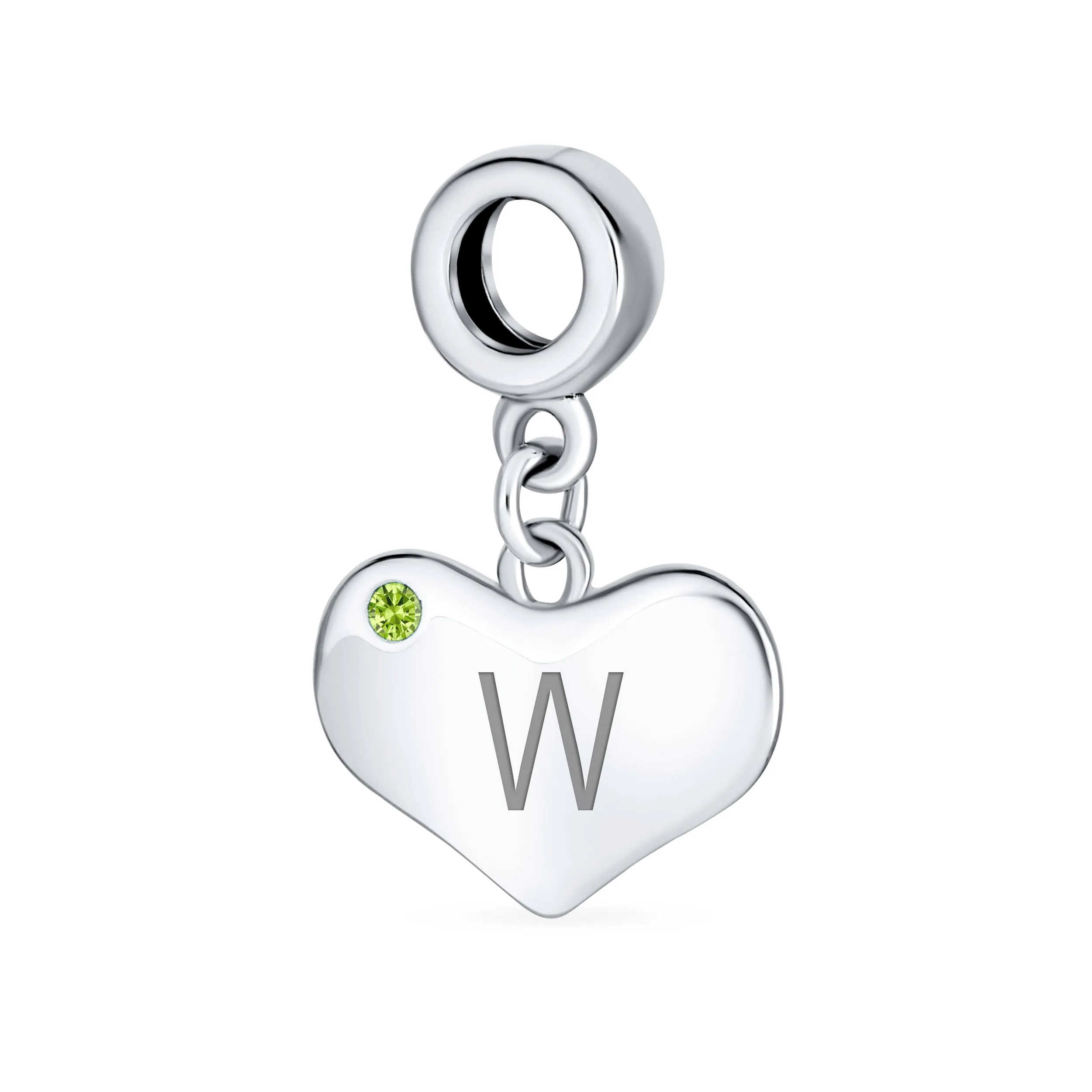 Initial Alphabet Bead Charm Lime Green Peridot Heart Dangle for European Bracelet