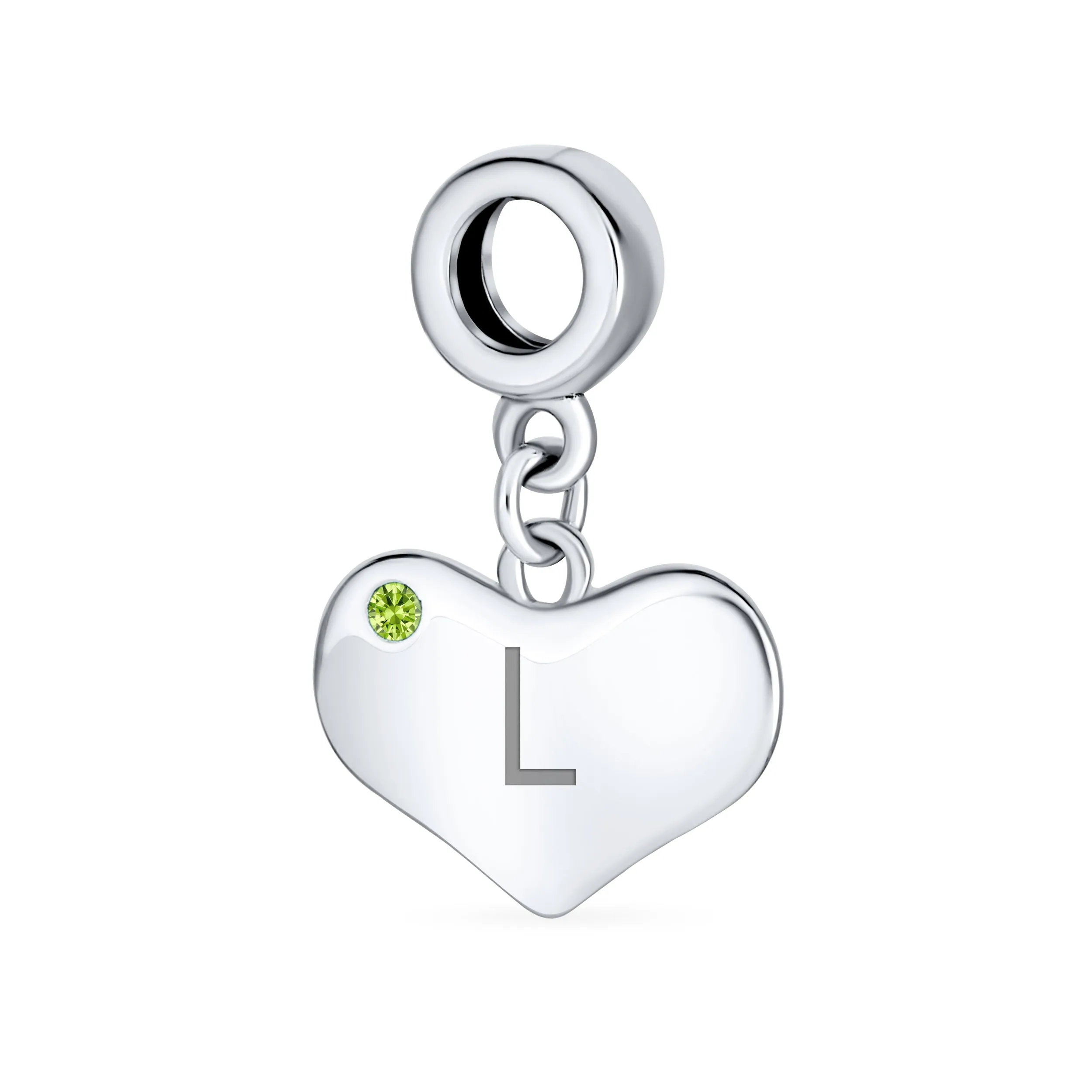 Initial Alphabet Bead Charm Lime Green Peridot Heart Dangle for European Bracelet