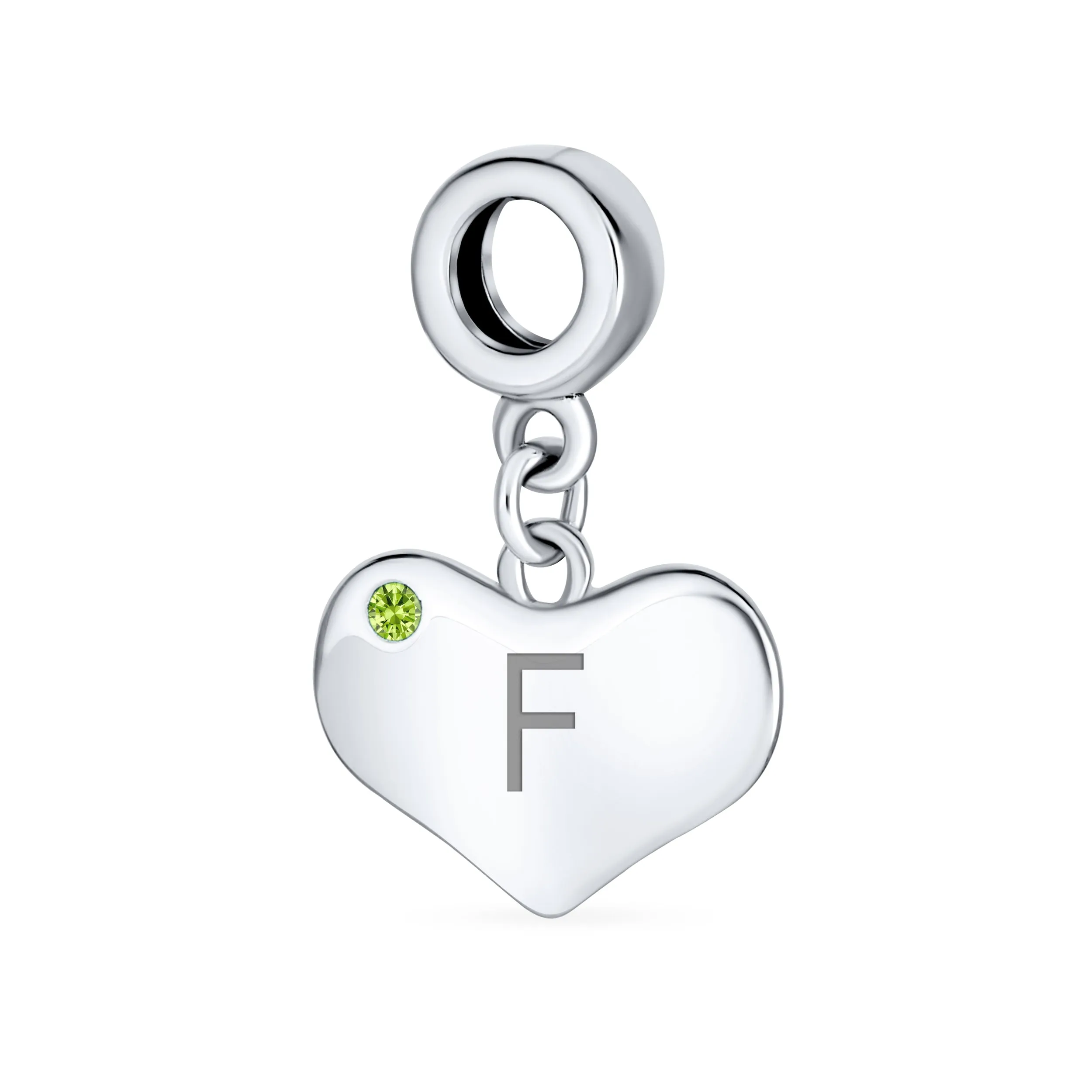 Initial Alphabet Bead Charm Lime Green Peridot Heart Dangle for European Bracelet