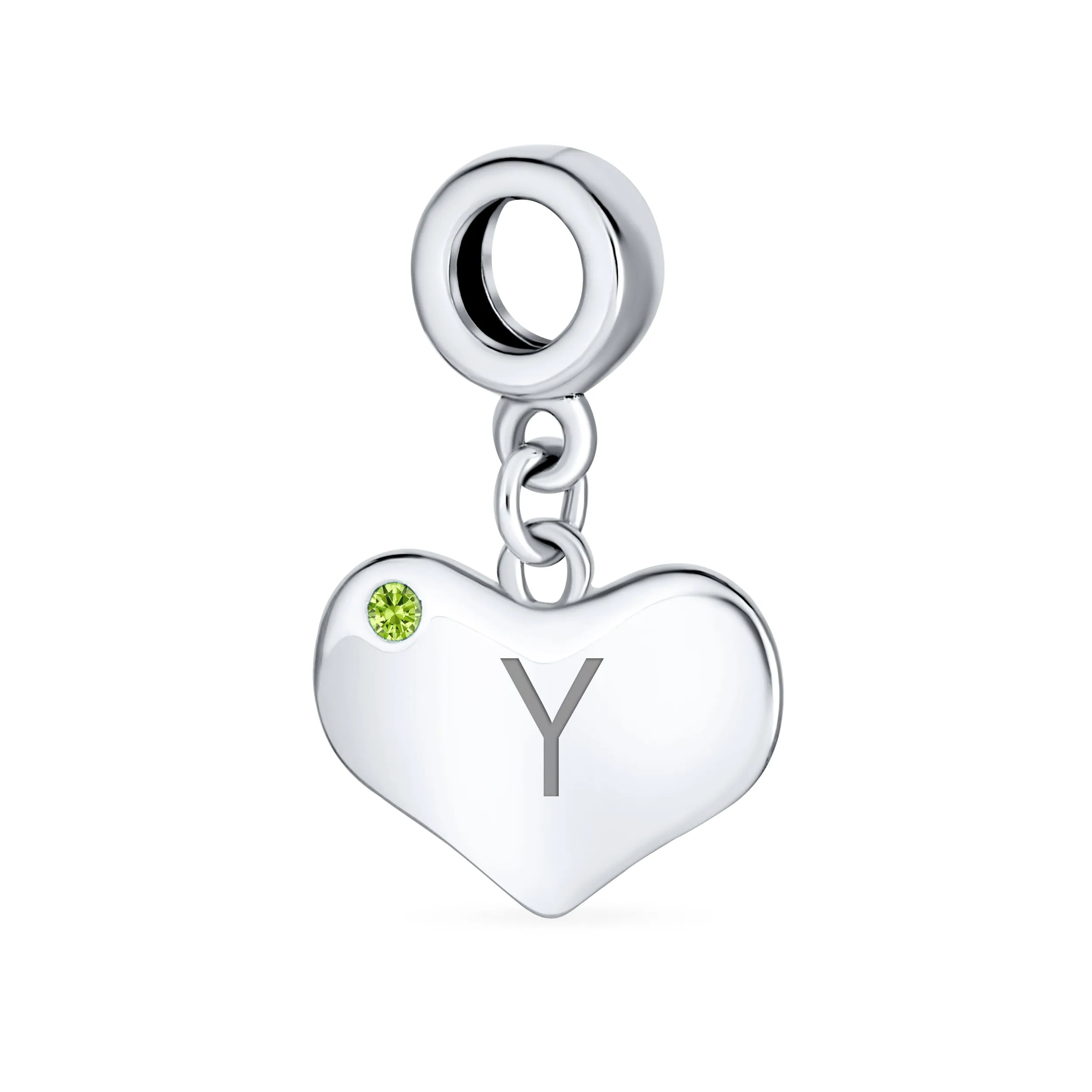 Initial Alphabet Bead Charm Lime Green Peridot Heart Dangle for European Bracelet