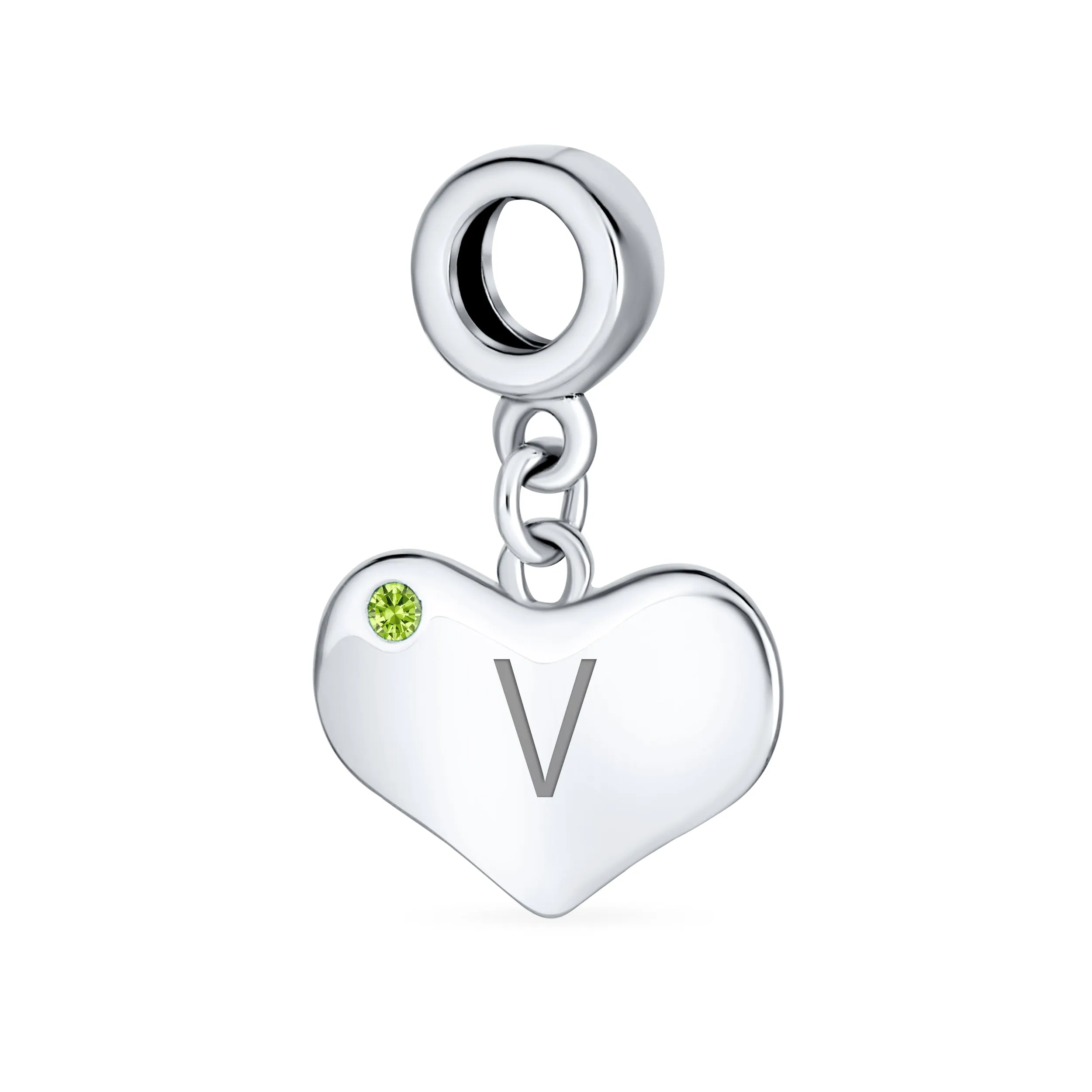 Initial Alphabet Bead Charm Lime Green Peridot Heart Dangle for European Bracelet