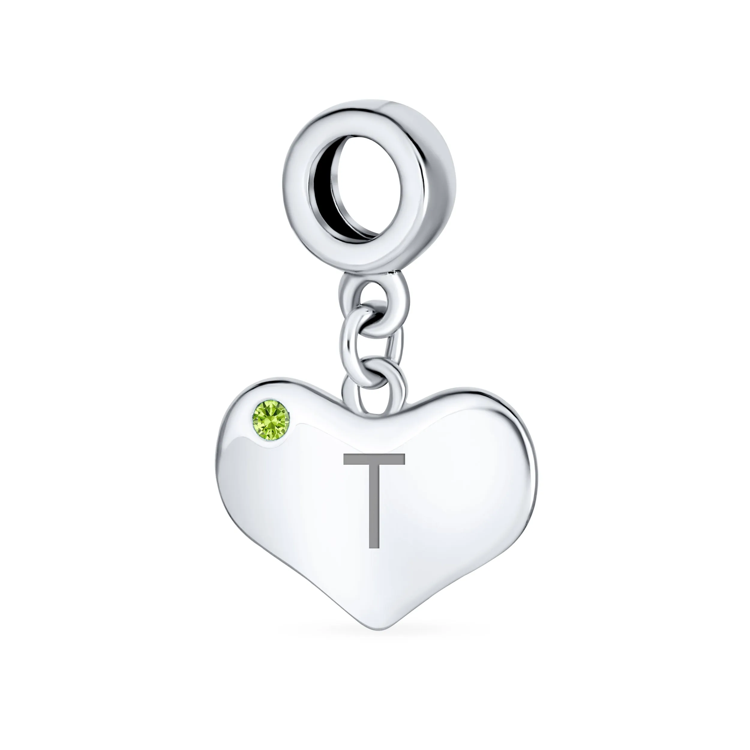 Initial Alphabet Bead Charm Lime Green Peridot Heart Dangle for European Bracelet