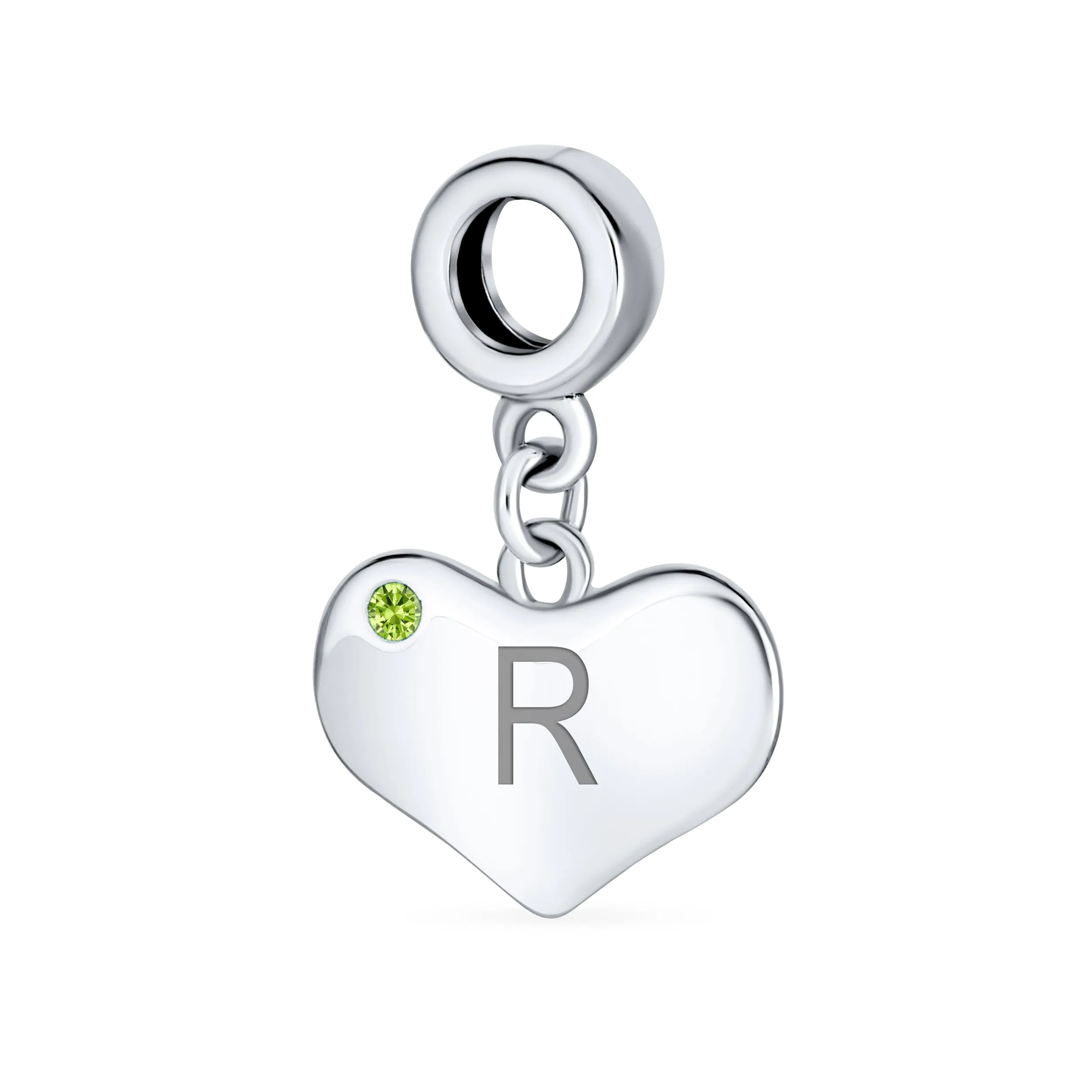 Initial Alphabet Bead Charm Lime Green Peridot Heart Dangle for European Bracelet