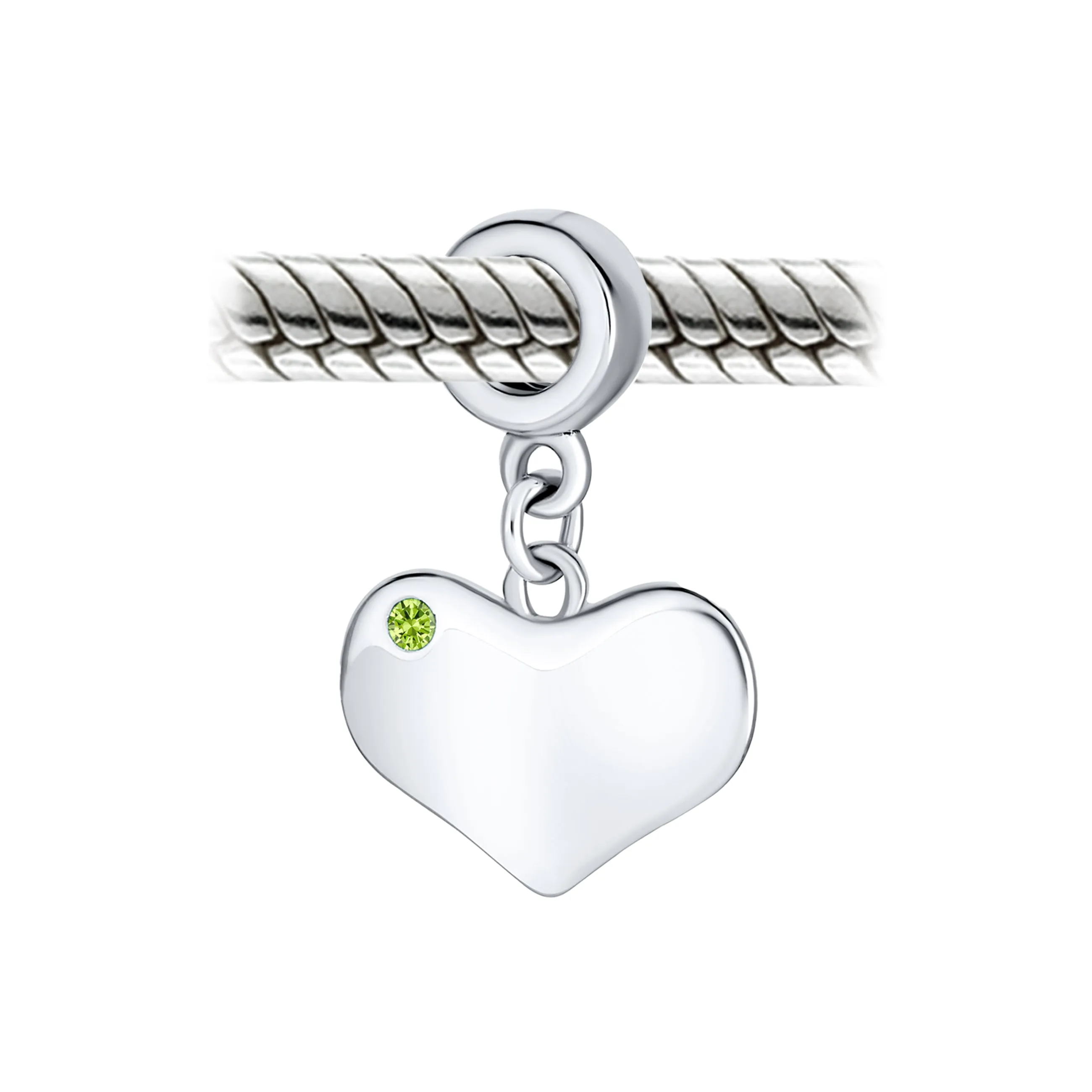 Initial Alphabet Bead Charm Lime Green Peridot Heart Dangle for European Bracelet