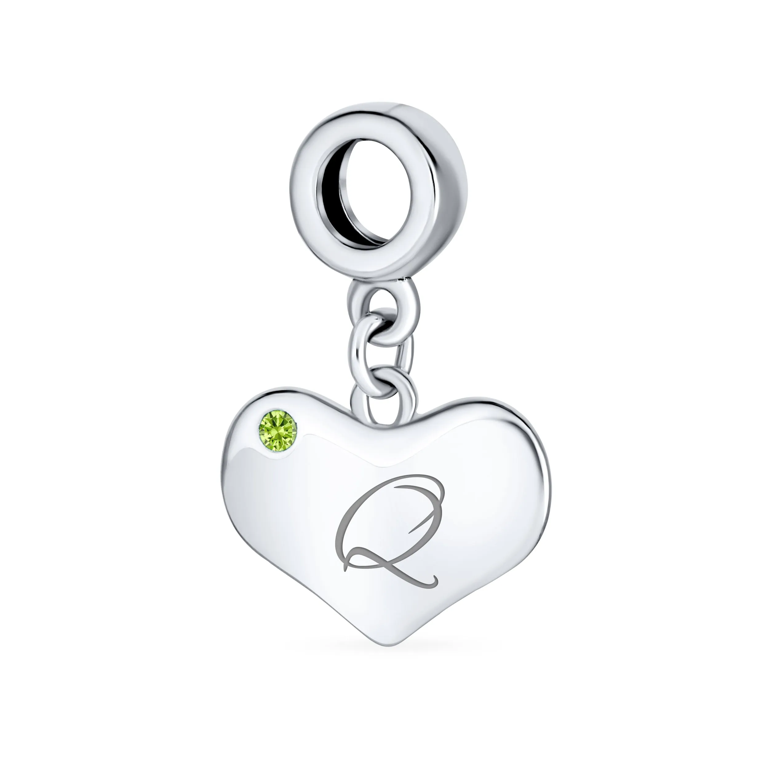 Initial Alphabet Bead Charm Lime Green Peridot Heart Dangle Sterling Silver Bead