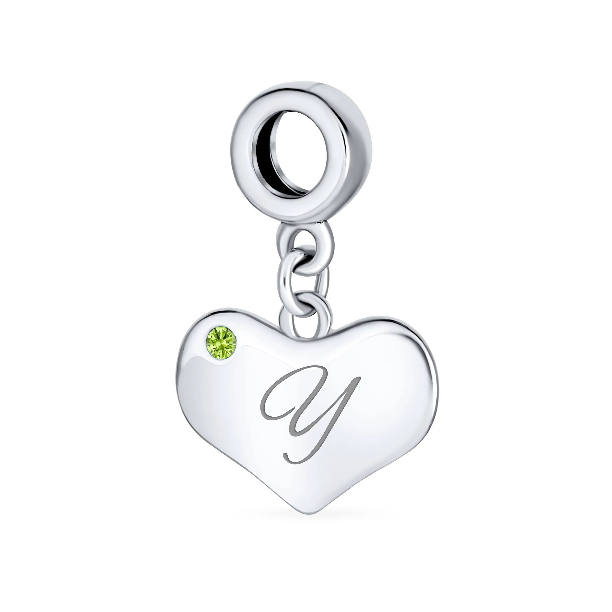 Initial Alphabet Bead Charm Lime Green Peridot Heart Dangle Sterling Silver Bead