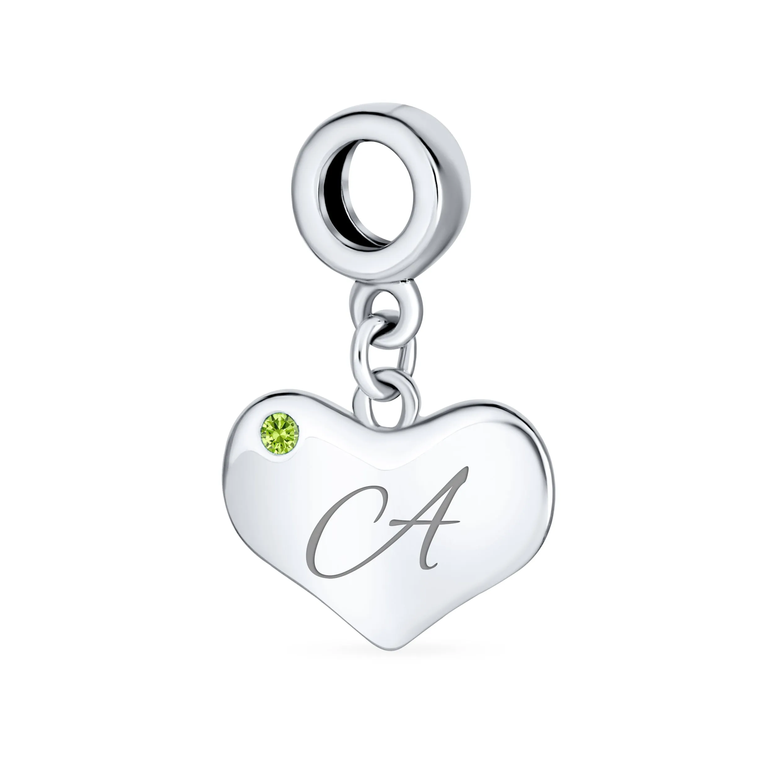 Initial Alphabet Bead Charm Lime Green Peridot Heart Dangle Sterling Silver Bead