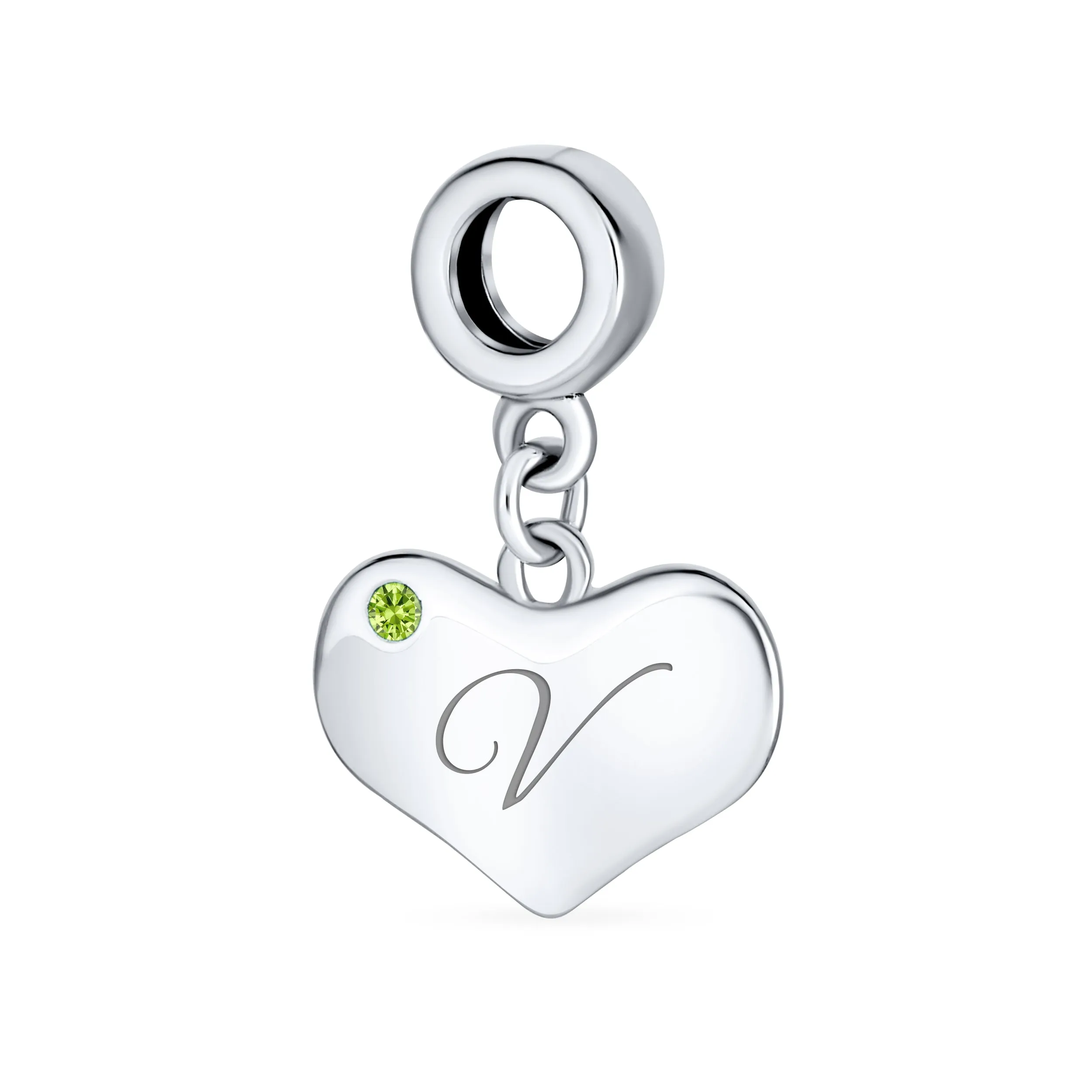 Initial Alphabet Bead Charm Lime Green Peridot Heart Dangle Sterling Silver Bead